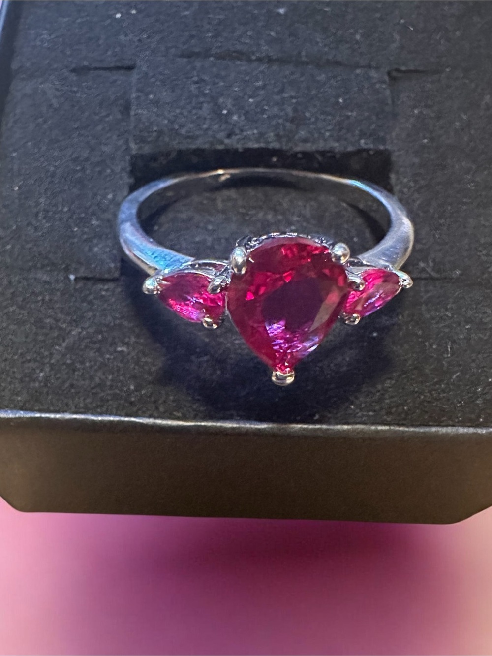 Red Ruby Teardrop Three-Stone Ring - Elegant Women's Jewelry